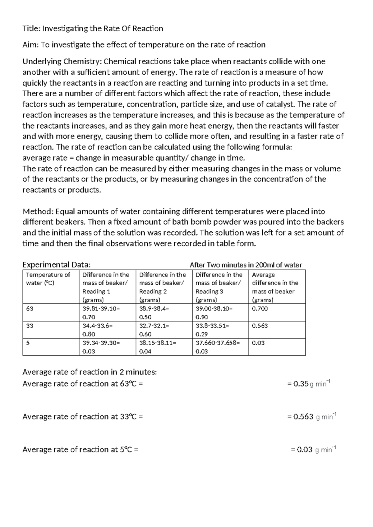 Rate of Reaction Experiment: Effect of Temperature on Reaction Rates ...