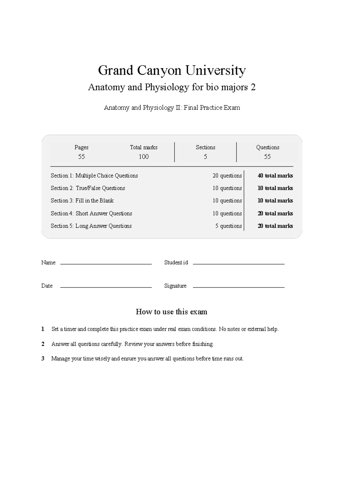 GCU BIO 202: Anatomy and Physiology II Final Practice Exam Guide - Studocu