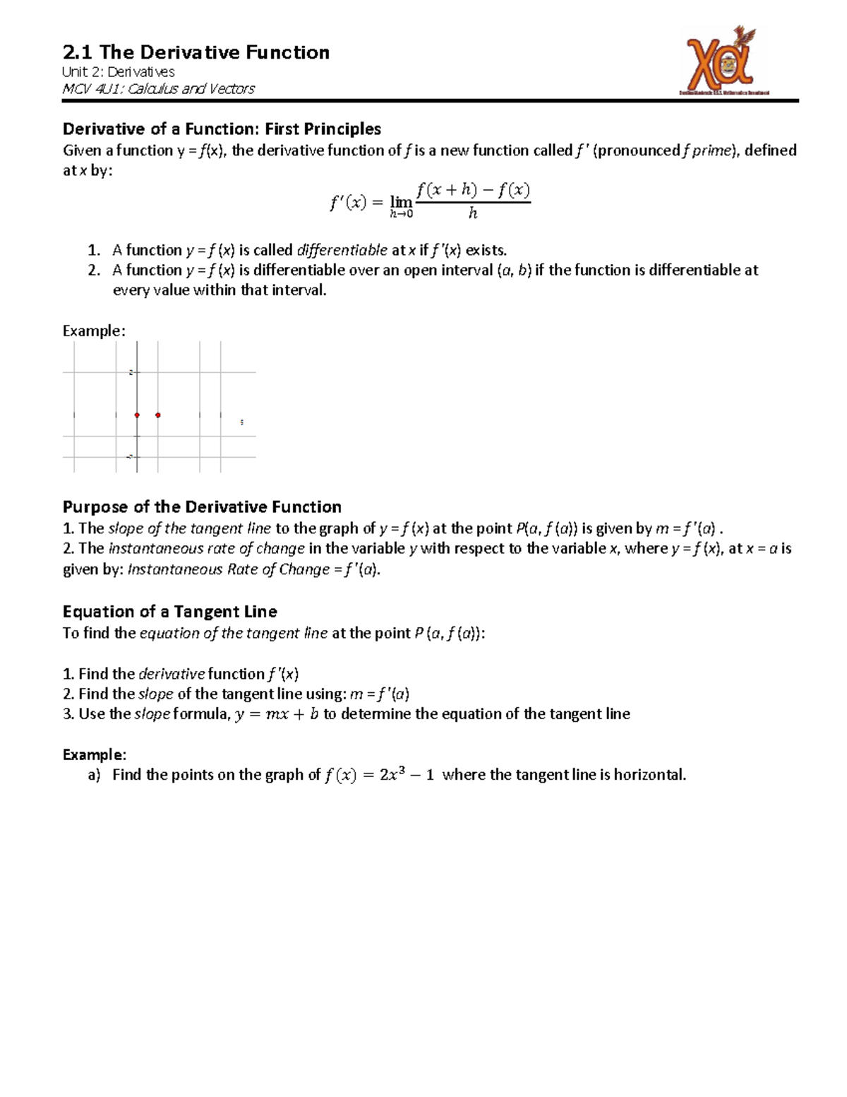2.1 Derivative Function Overview MCV 4U1: Calculus and Vectors - Studocu
