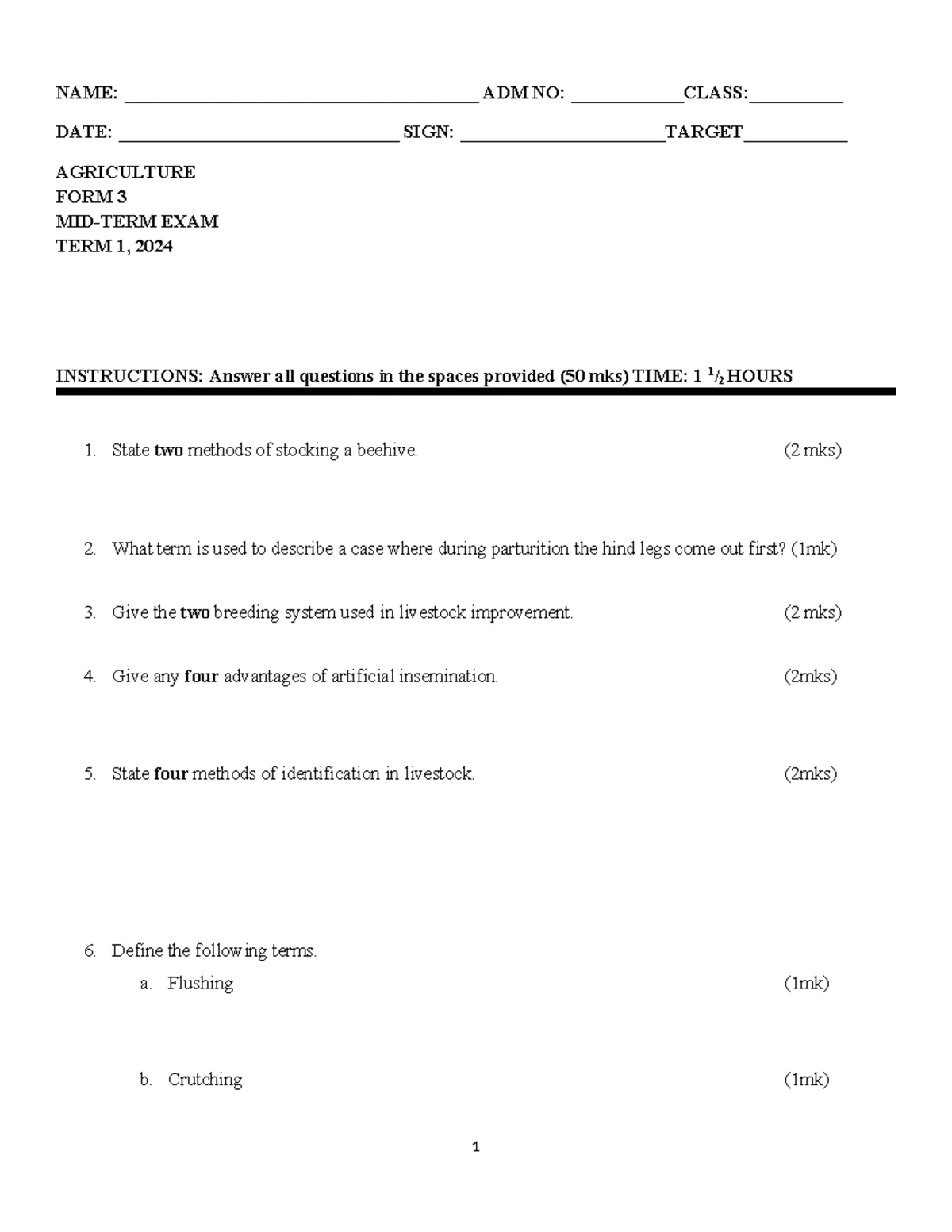 Agriculture FORM 1 - Comprehensive Topical Questions for Study - Studocu