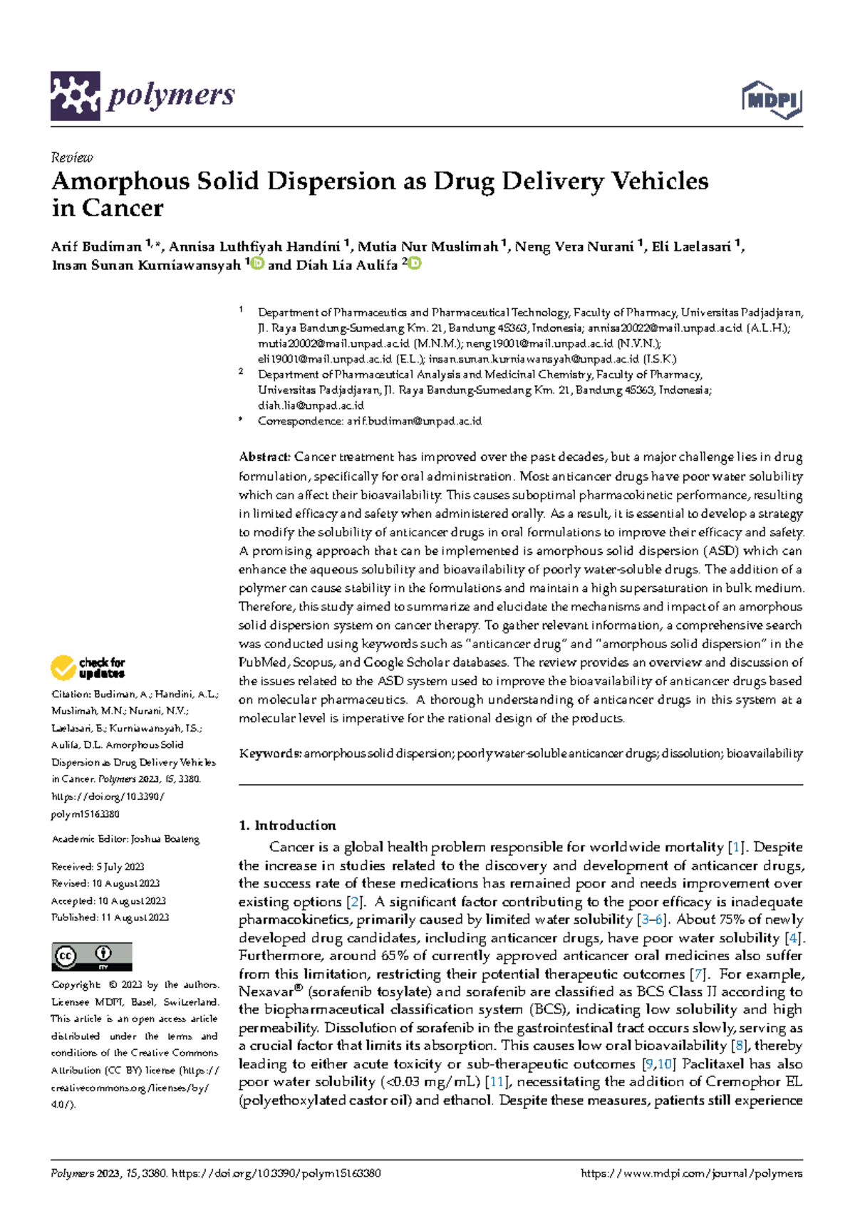 Polymers 15: Review of Amorphous Solid Dispersion in Cancer Drug ...