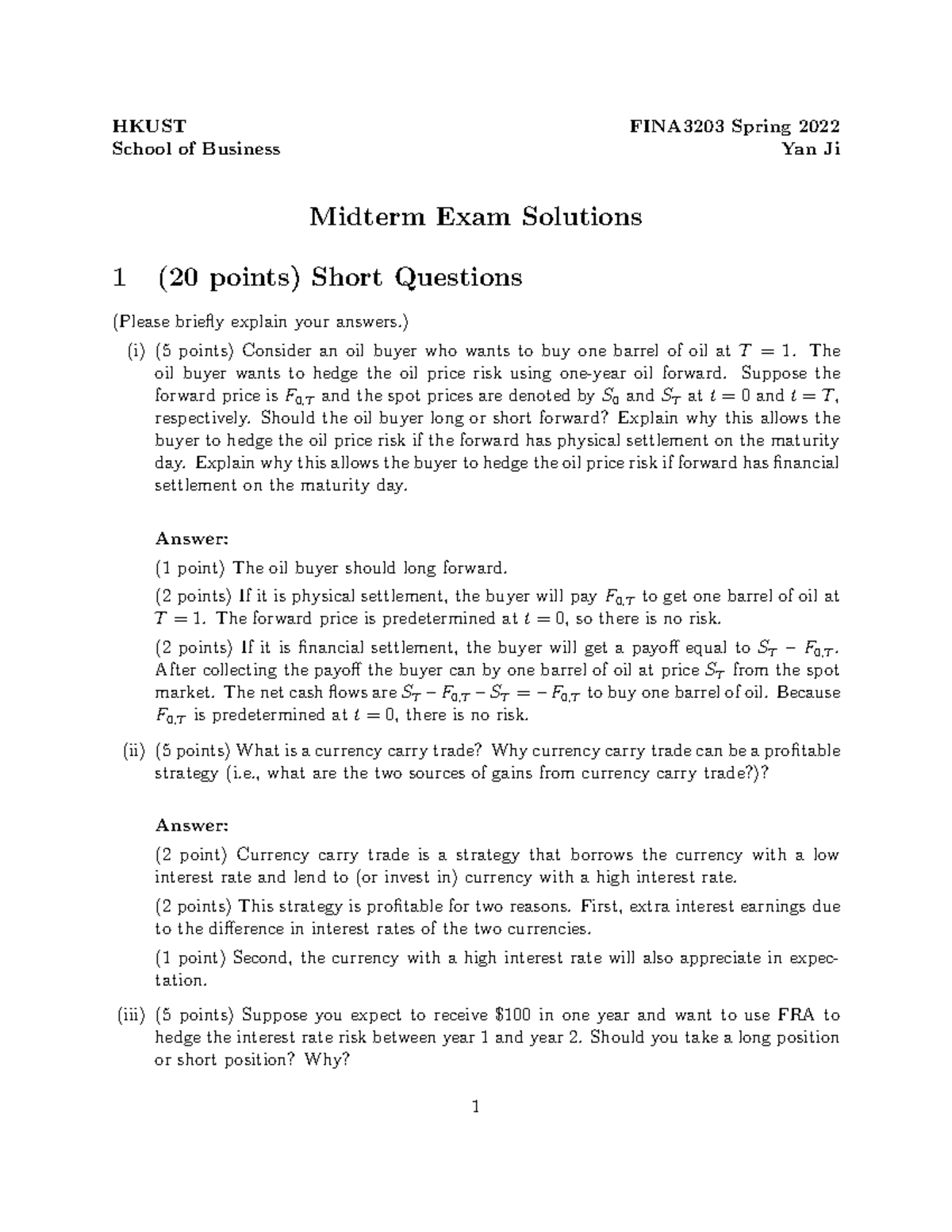 Midterm Exam Solutions for FINA3203 - Wastepaper Study Guide - Studocu