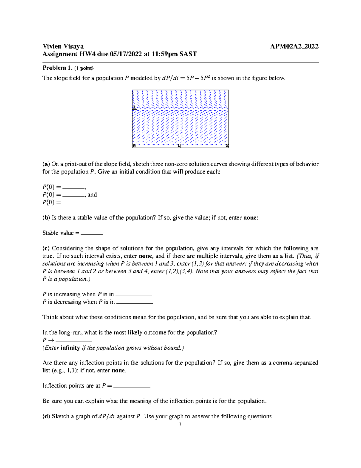 Direction Fields Practice Problems - APM02A2 HW4 Solutions - Studocu