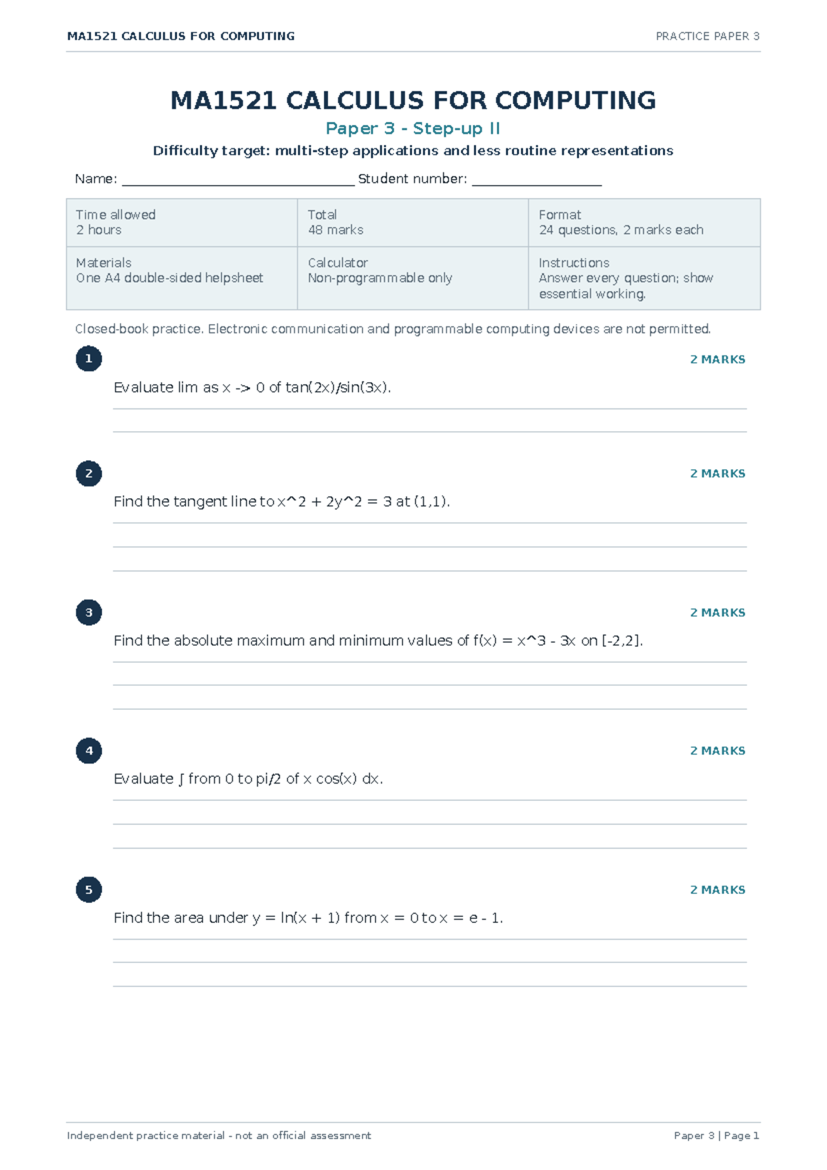 MA1521 CALCULUS FOR COMPUTING PRACTICE PAPER 3 - Studocu