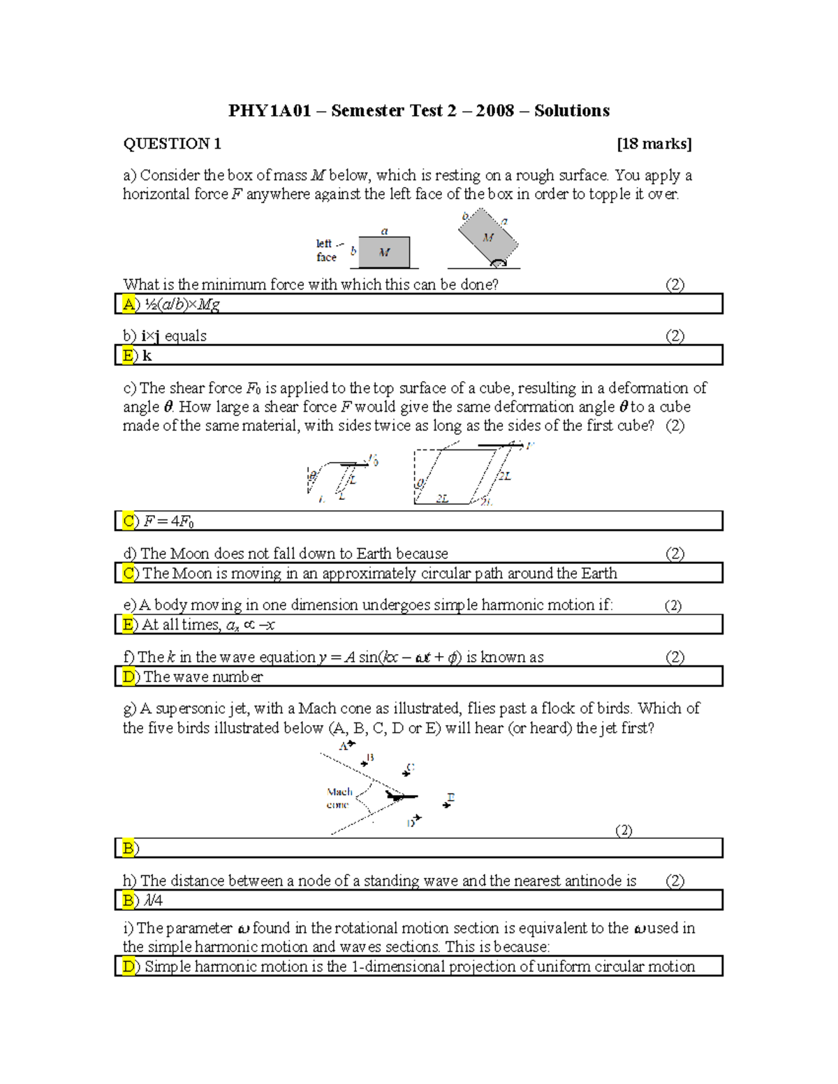 PHY1A01 – Semester Test 2 – 2008 – Solutions and Answers - Studocu