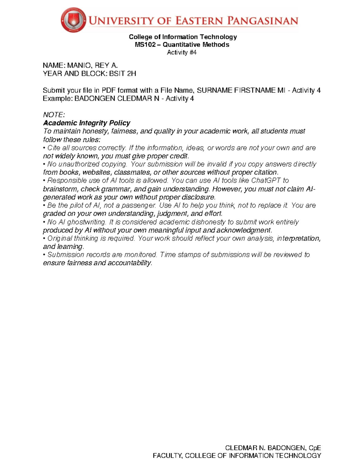 MS102 Quantitative Methods Activity 4: Data Collection & Tally Charts ...