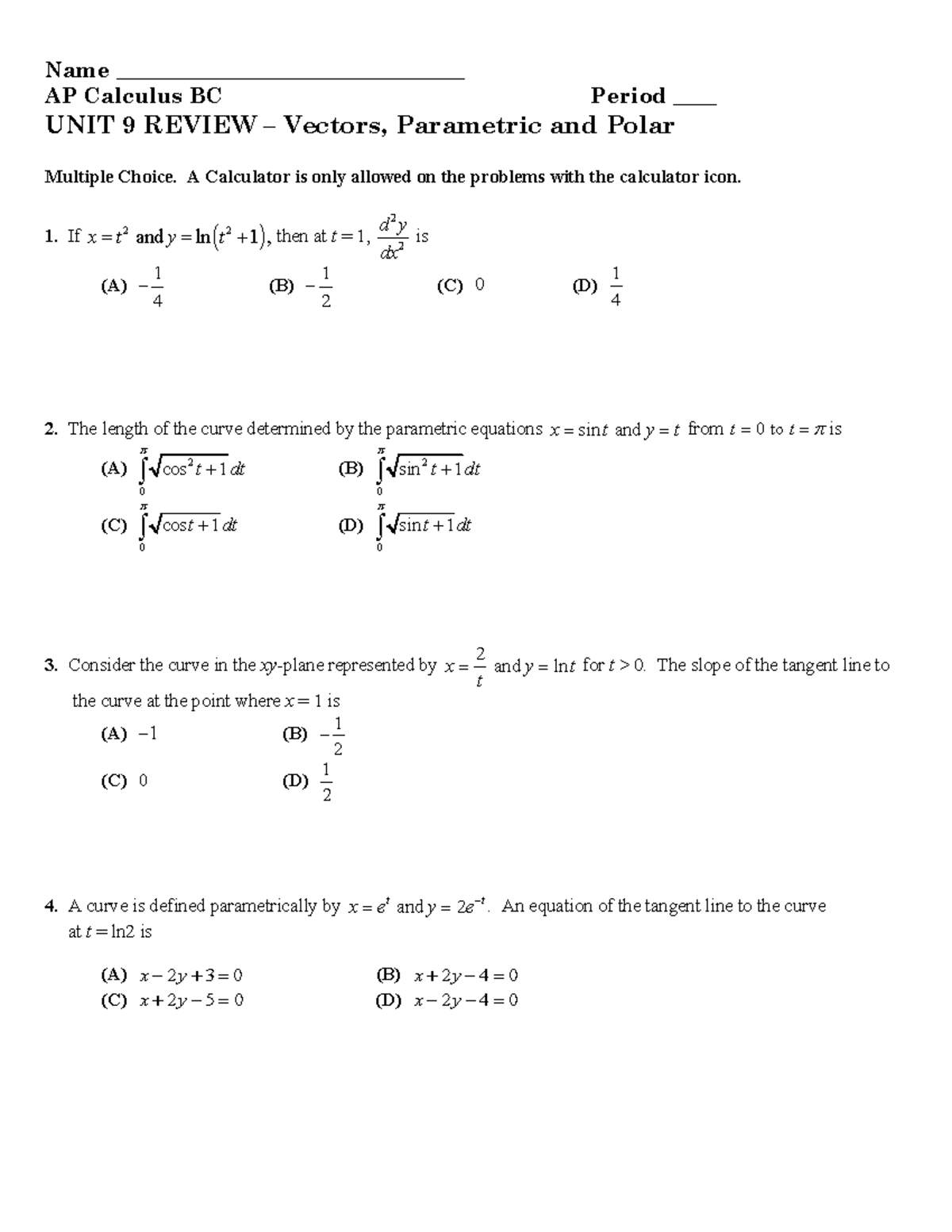 AP Calculus BC Unit 9 Review: Vectors, Parametric & Polar MCQ - Studocu