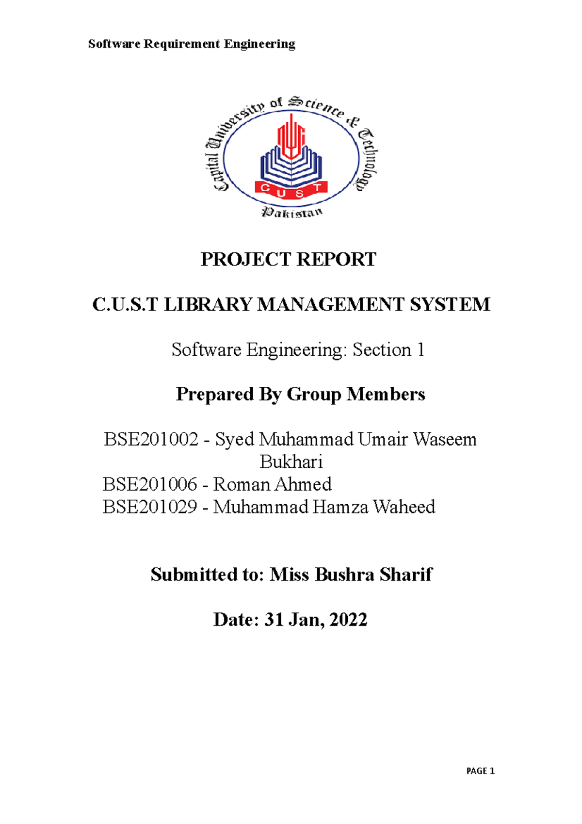 C.U.S.T BSE201002 Library Management System Software Requirements ...