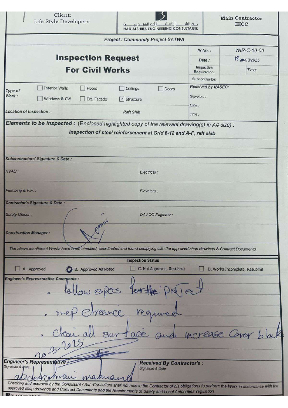 WIR-C-010: Inspection Request for Civil Works - Community Project - Studocu