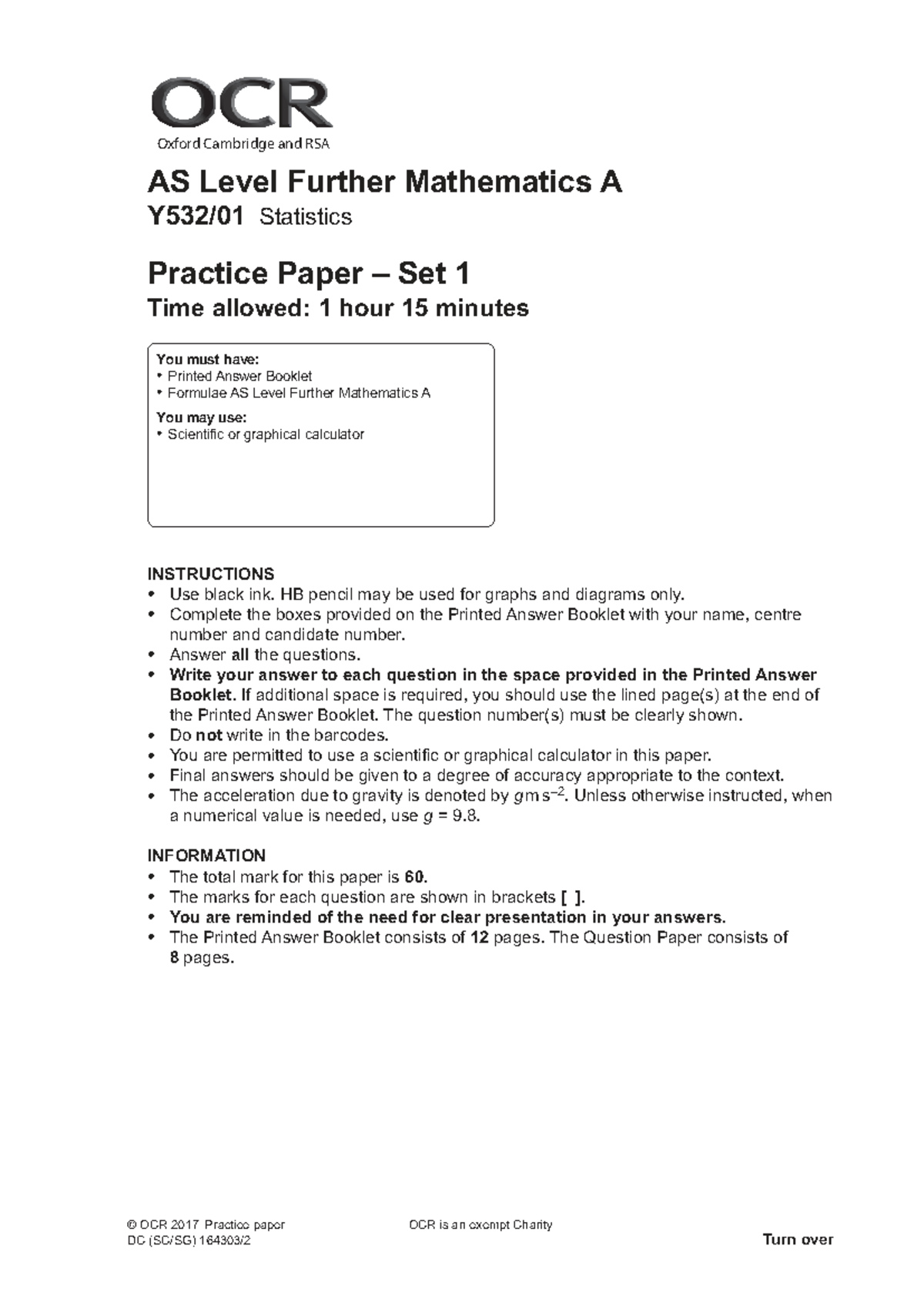 Practice Paper Set 1: AS Level Further Mathematics A Statistics - Studocu