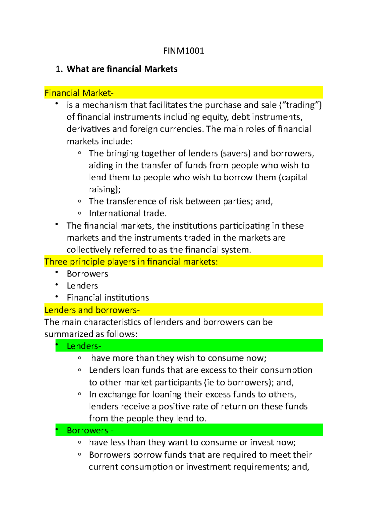 FINM1001 - Comprehensive Lecture Notes on Financial Markets - Studocu