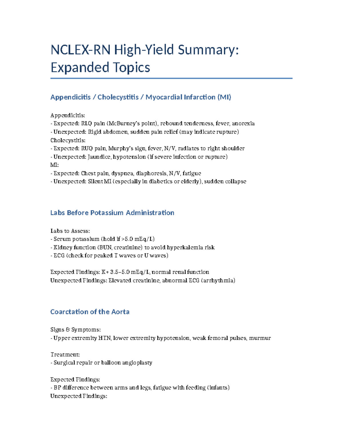 NCLEX Expanded Topics Summary: Appendicitis, Cholecystitis, MI - Studocu