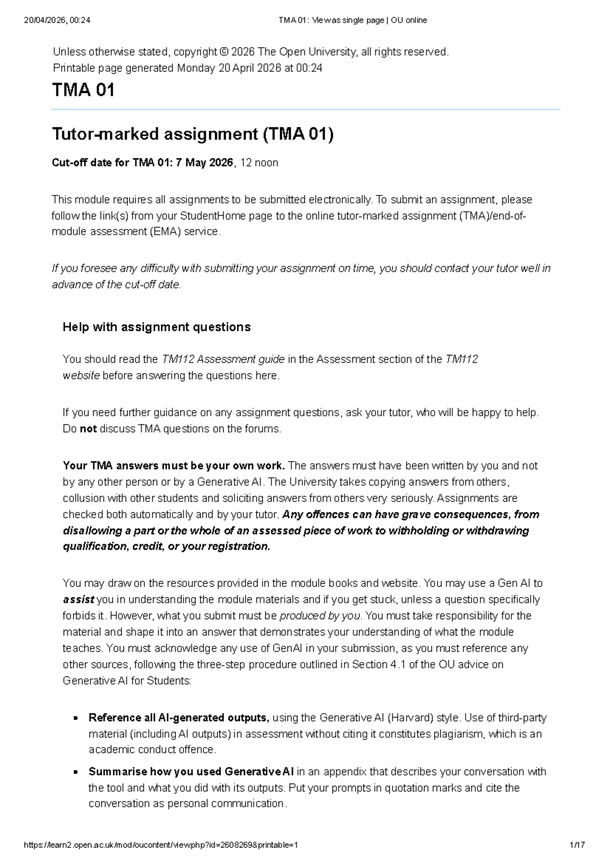 TMA 01: Assignment Guidelines and Submission Instructions for TM112 ...