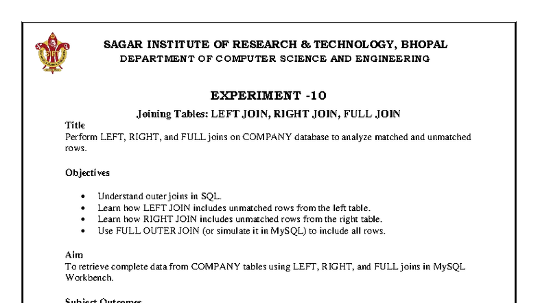 Experiment-10: SQL LEFT, RIGHT, and FULL Joins in MySQL - Studocu