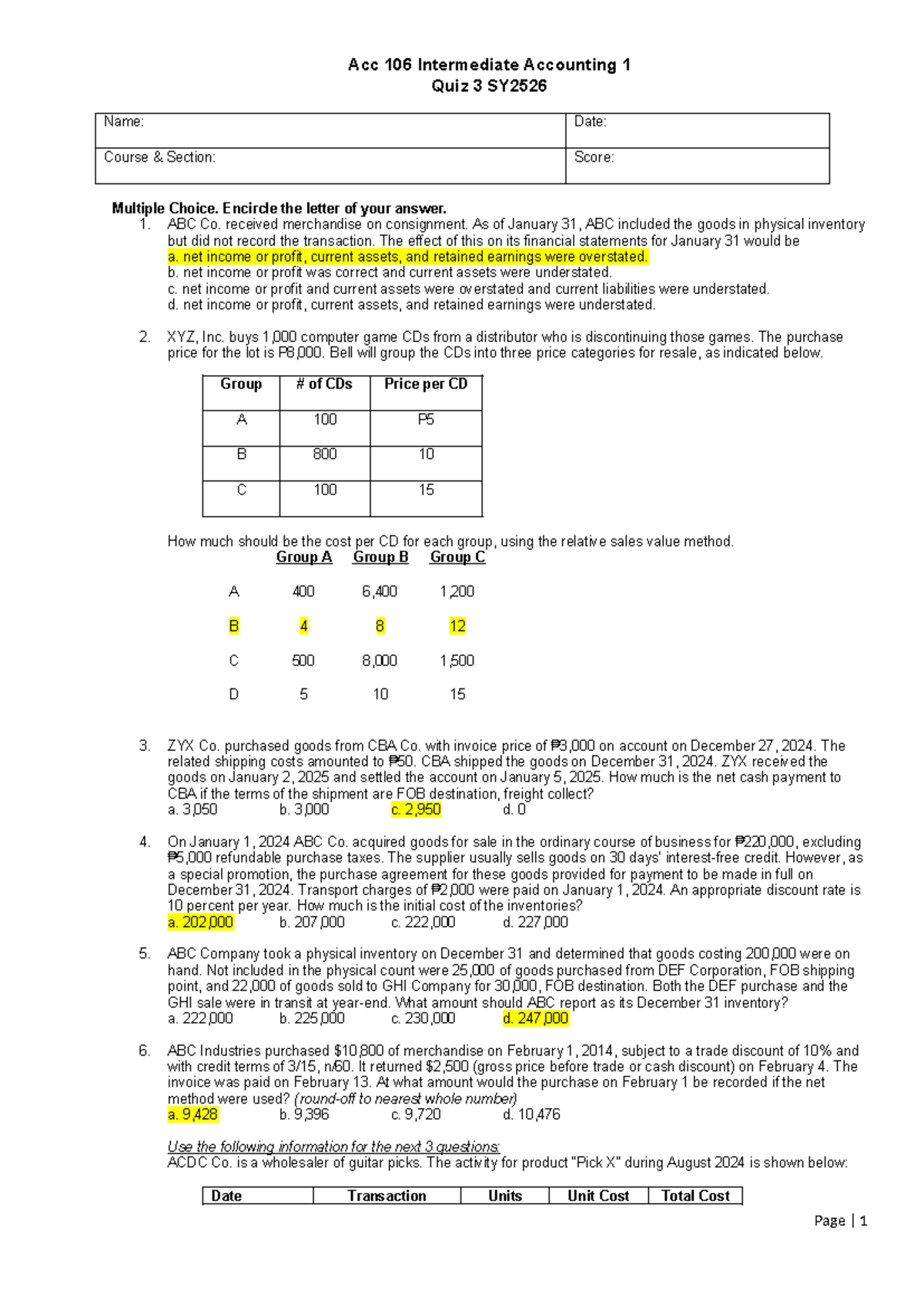 Acc 106 Intermediate Accounting 1 Quiz 3 SY2526 - Multiple Choice ...