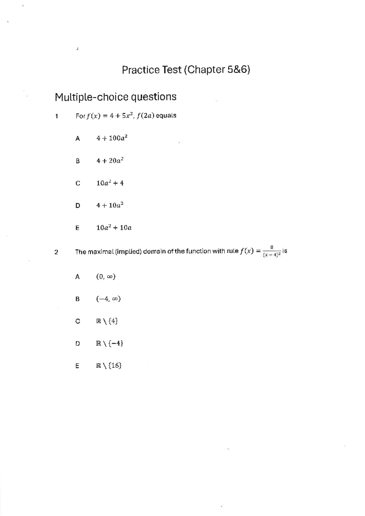 Functions Revision: Practice Test on Chapter Questions - Studocu