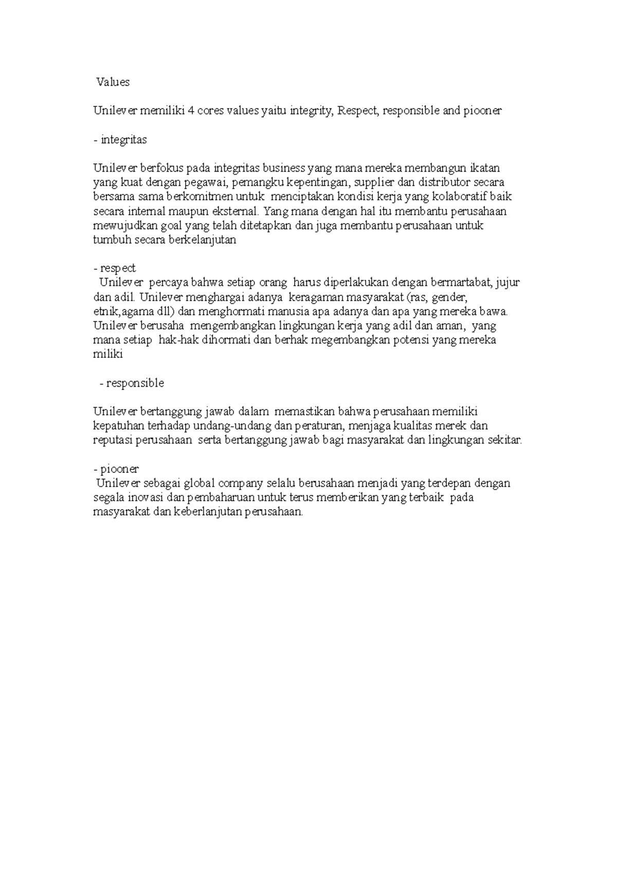 Unilever Core Values: Integrity, Respect, Responsibility, Pioneer - Studocu