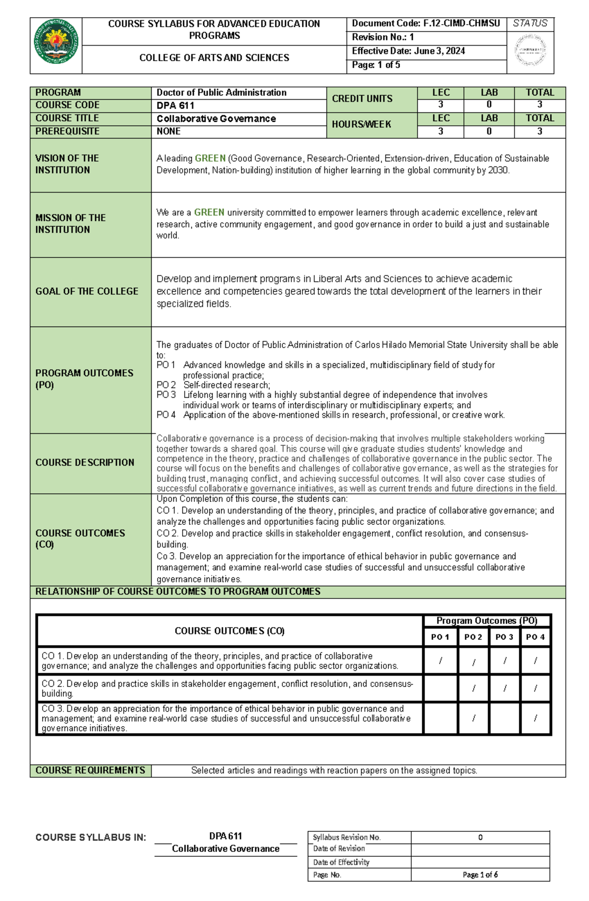 DPA 611 -Collaborative Governance - COURSE SYLLABUS FOR ADVANCED ...