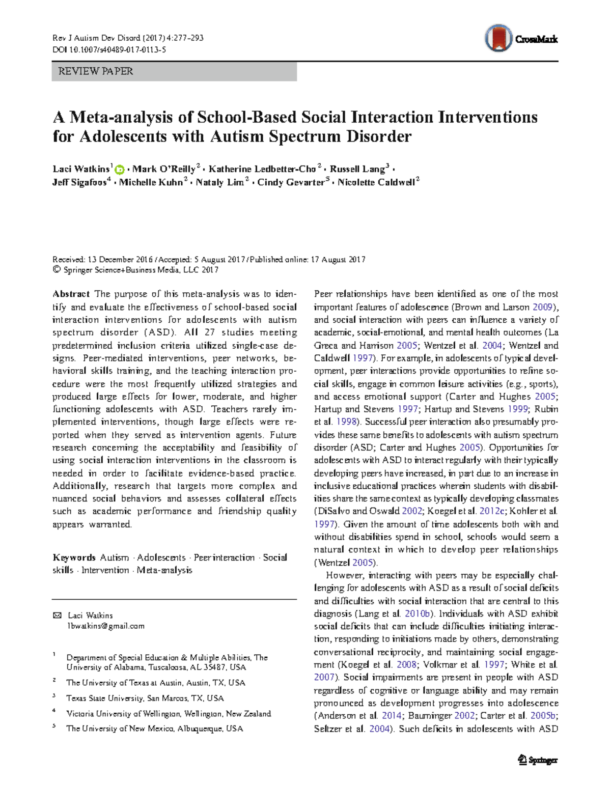 Effectiveness of Peer-Mediated Interventions for Adolescents with ASD ...