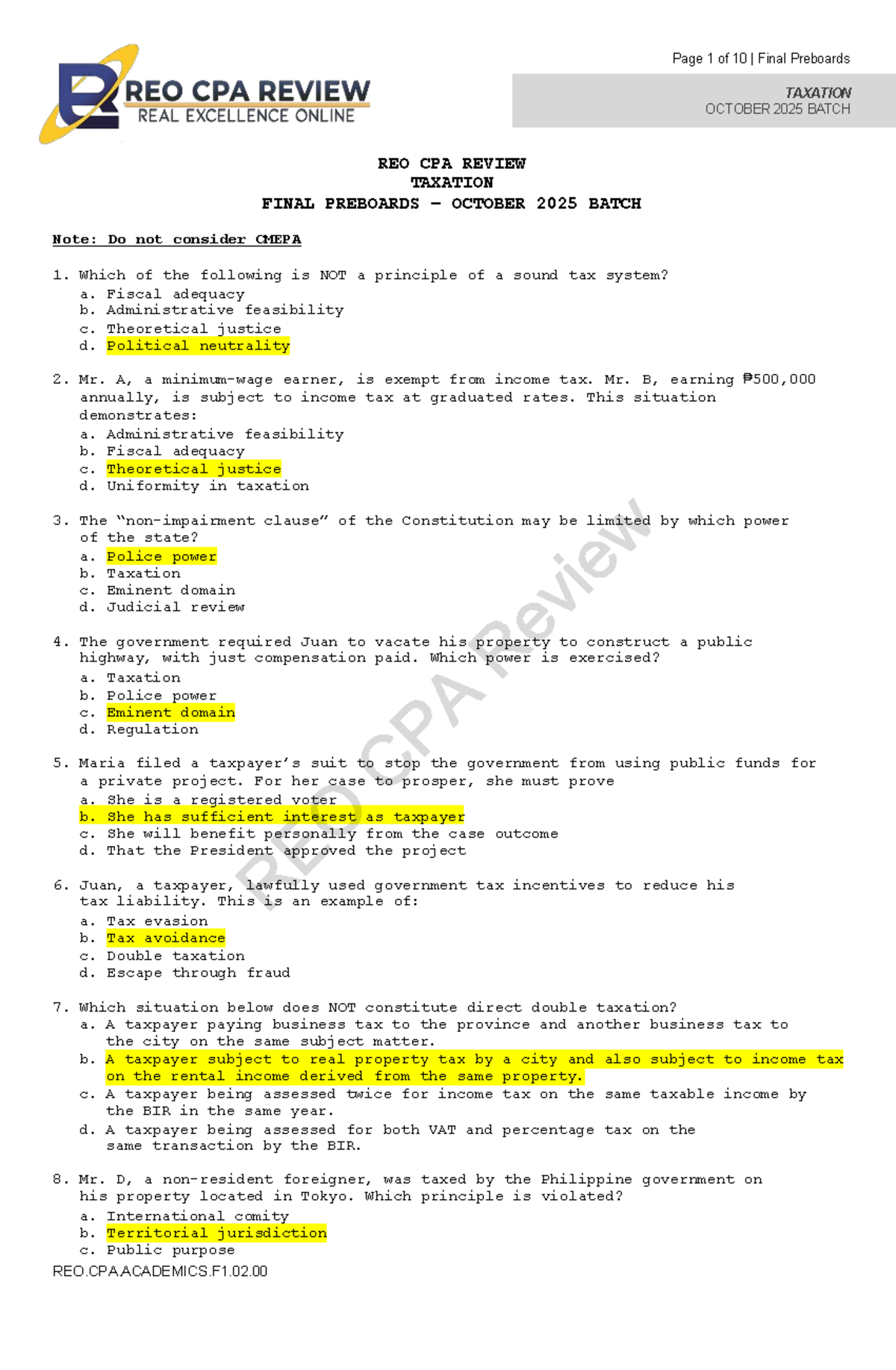 Final Preboards REO.CPA.ACADEMICS.F1.02.00 Taxation October 2025 Batch ...