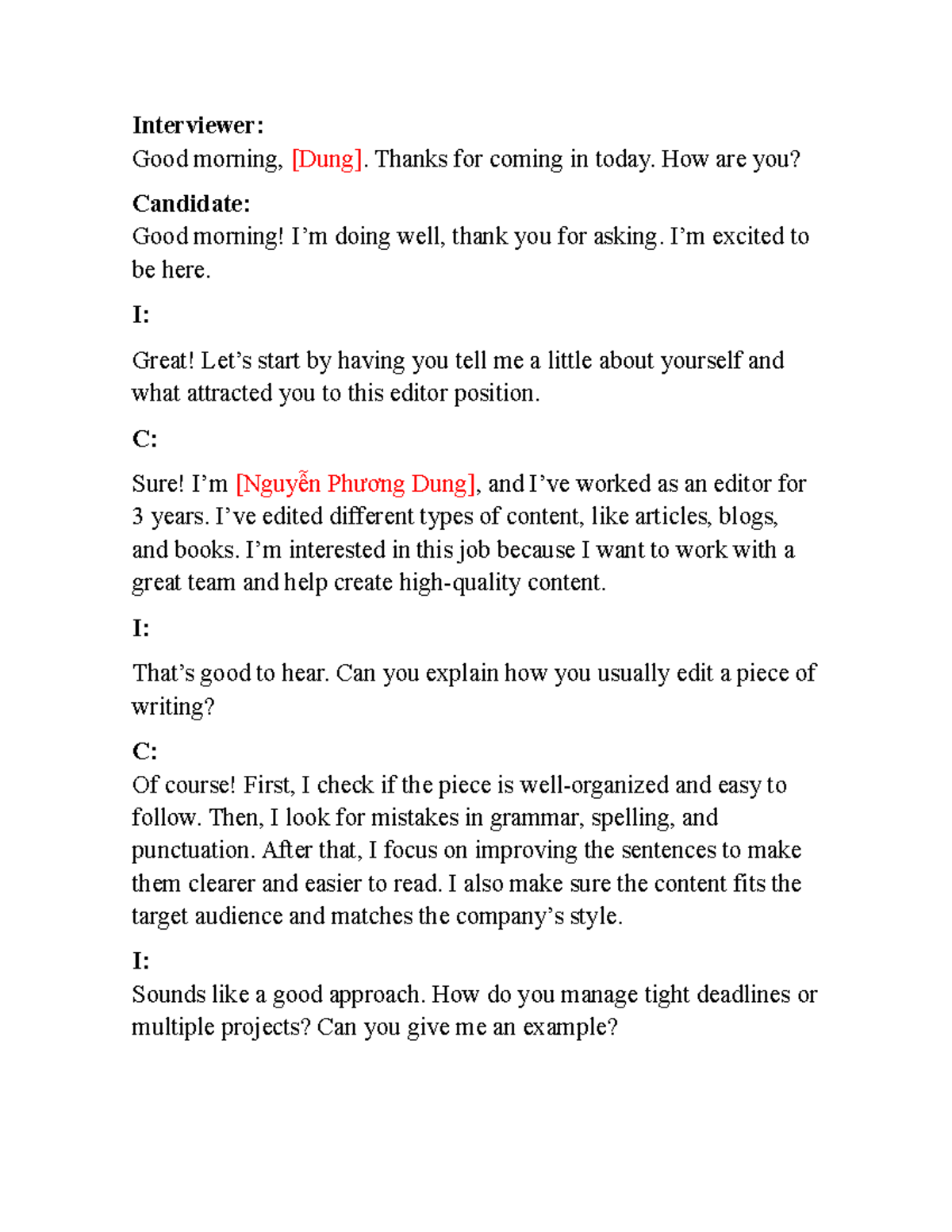 Interview Script for Editor Position - Speaking Practice - Studocu