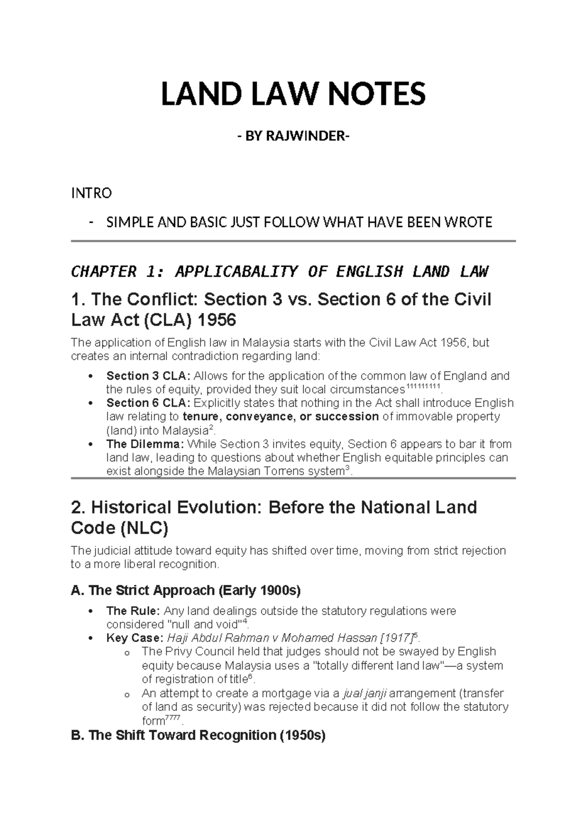 LAND LAW NOTES (LAW101): CHAPTER 1 - ENGLISH LAND LAW IN MALAYSIA - Studocu