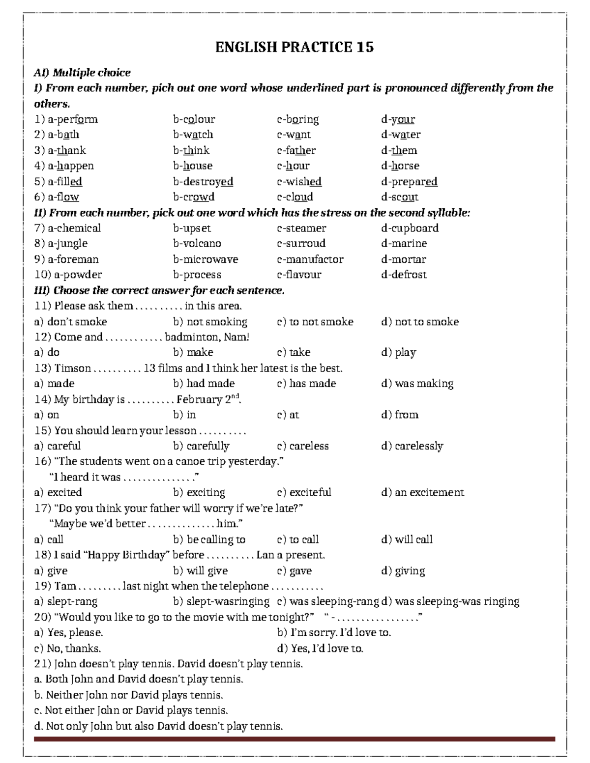ENGLISH PRACTICE 15: Multiple Choice Questions and Answers - Studocu