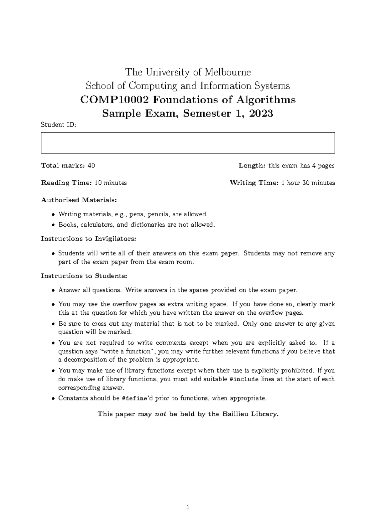 COMP10002 Sample Exam Questions and Guidelines Semester 1, 2023 - Studocu