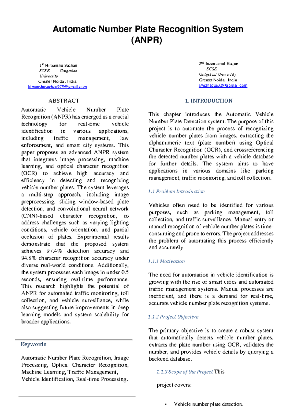 Automatic Number Plate Recognition System: Research Paper (3rd Sem 2 ...