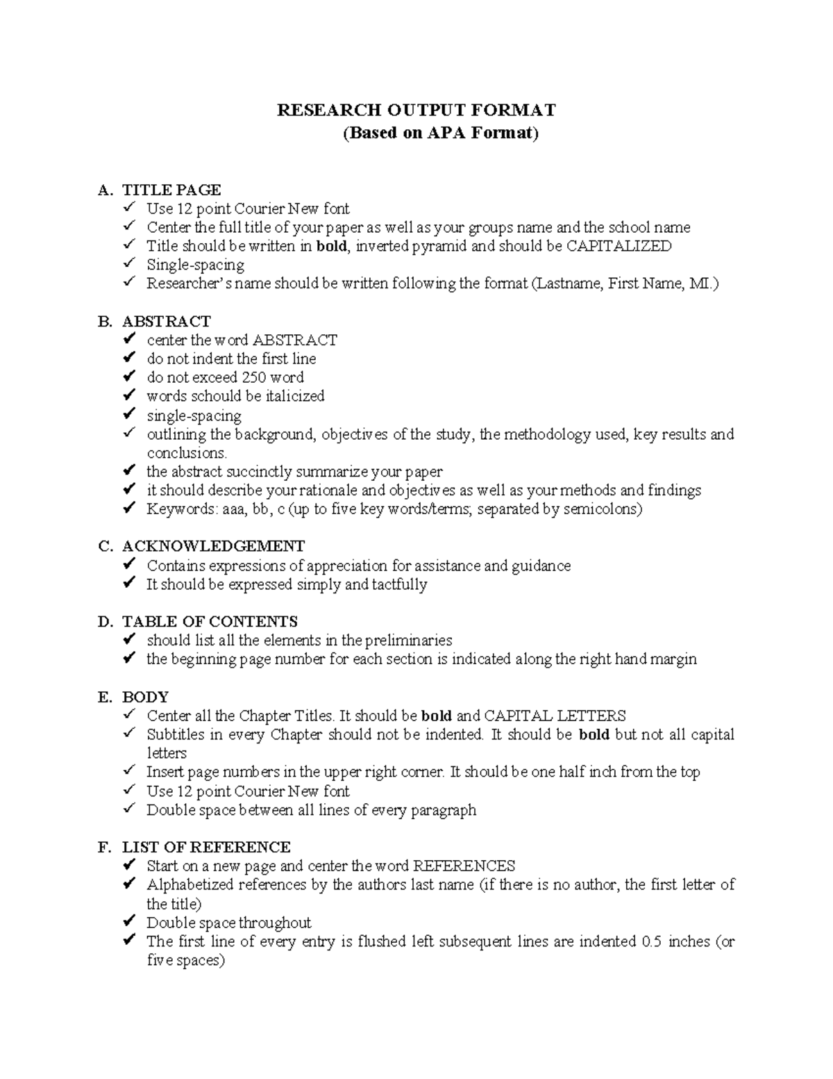 RESEARCH OUTPUT FORMAT GUIDELINES (APA) - GRADE 12 HUMSS - Studocu