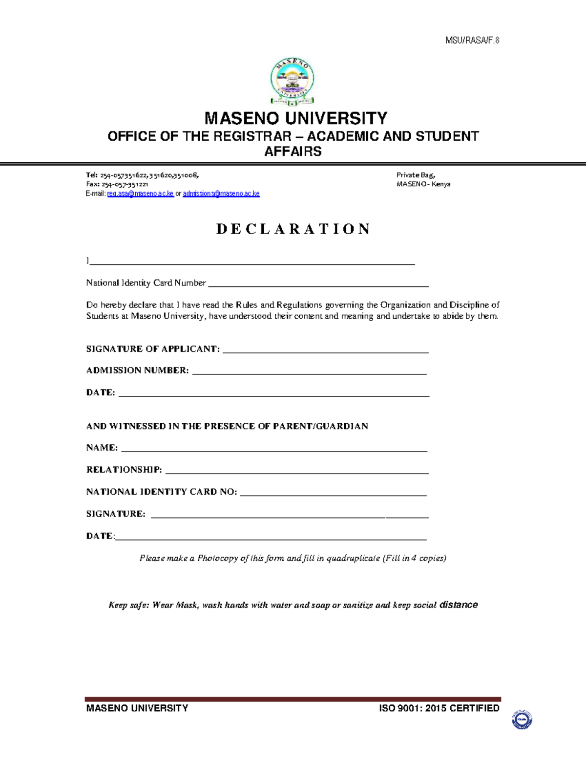 MASENO UNIVERSITY Student Declaration Form for Admission - Studocu