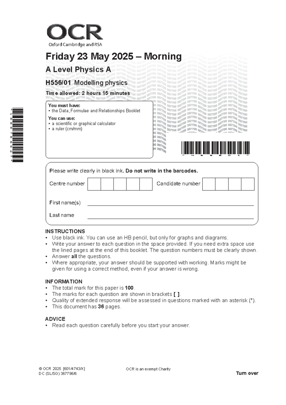 A Level Physics A Exam Paper - June 2025 (H55601) - Studocu