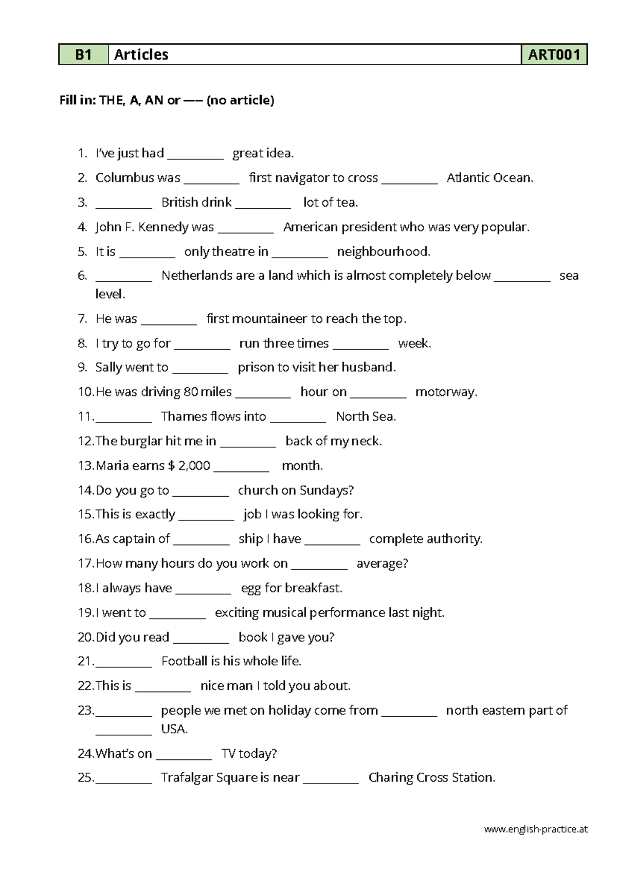 B1 Articles Practice Exercises - ART 006 - Studocu