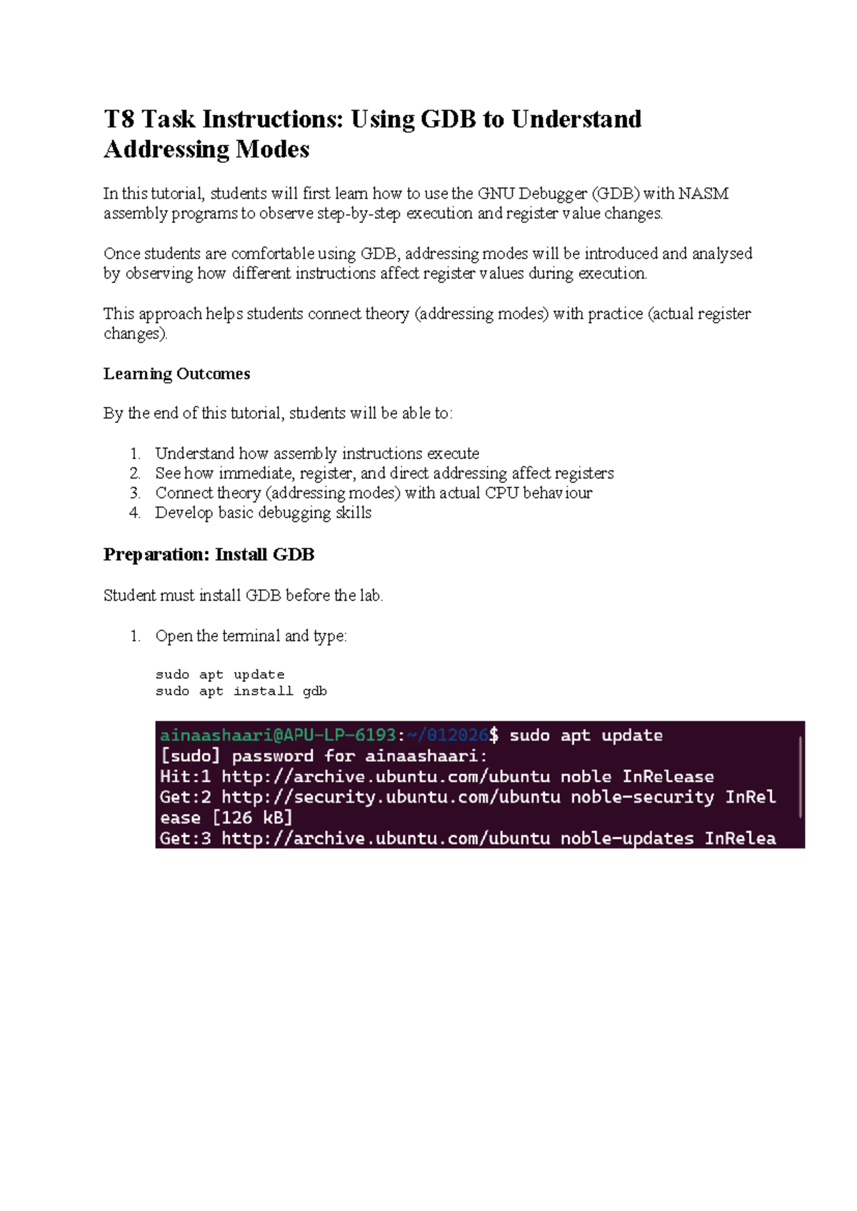 T8 Tutorial: Using GDB for Addressing Modes in Assembly - Studocu