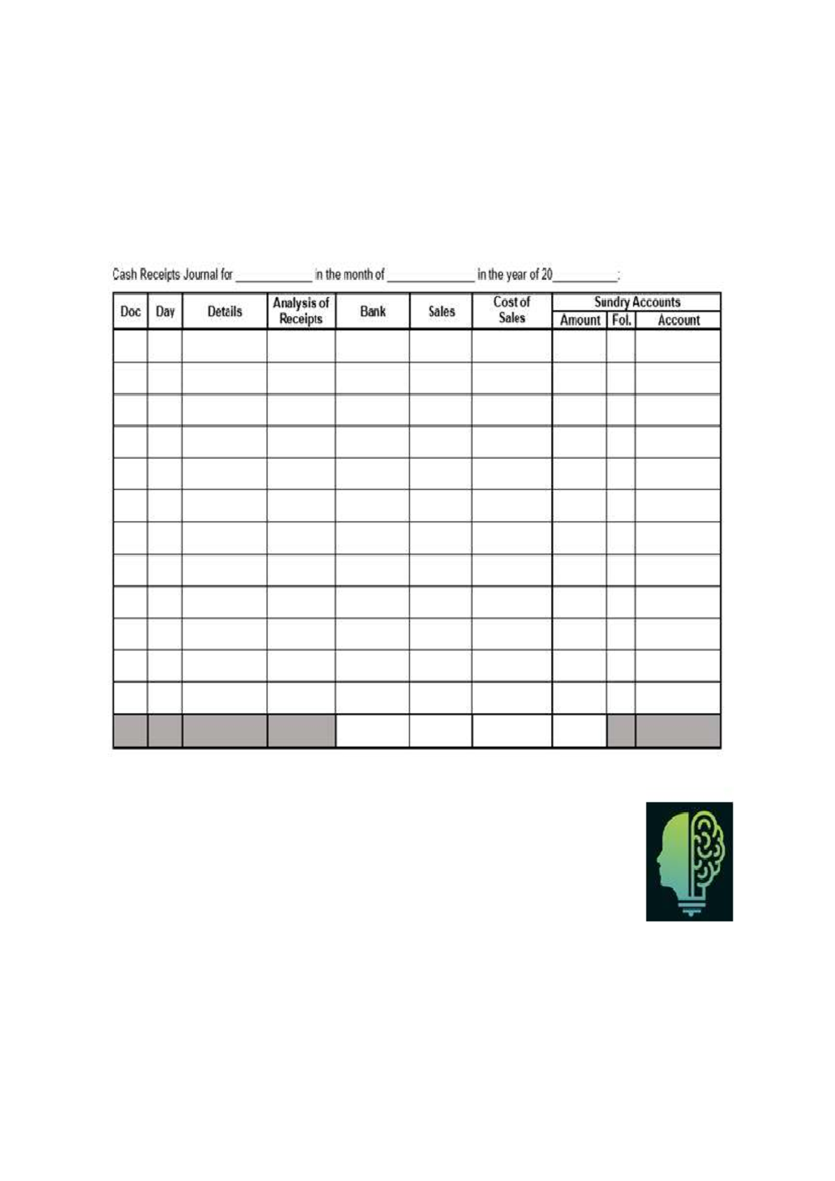 CRJ - acc - Cash Receipts Journal for in the month of in the year of 20 ...