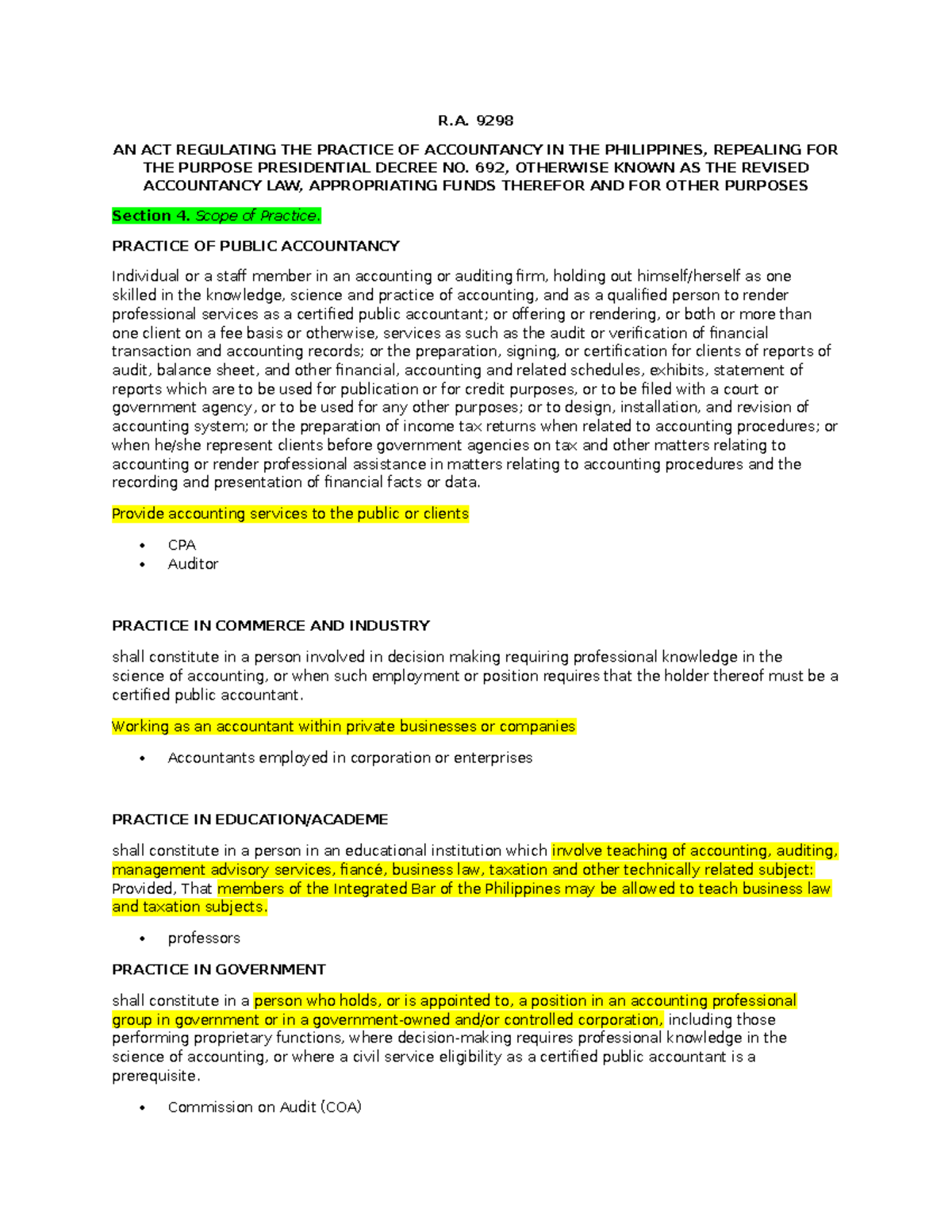 RA 9298 Philippine Accountancy Act of 2004 - R. 9298 AN ACT REGULATING ...