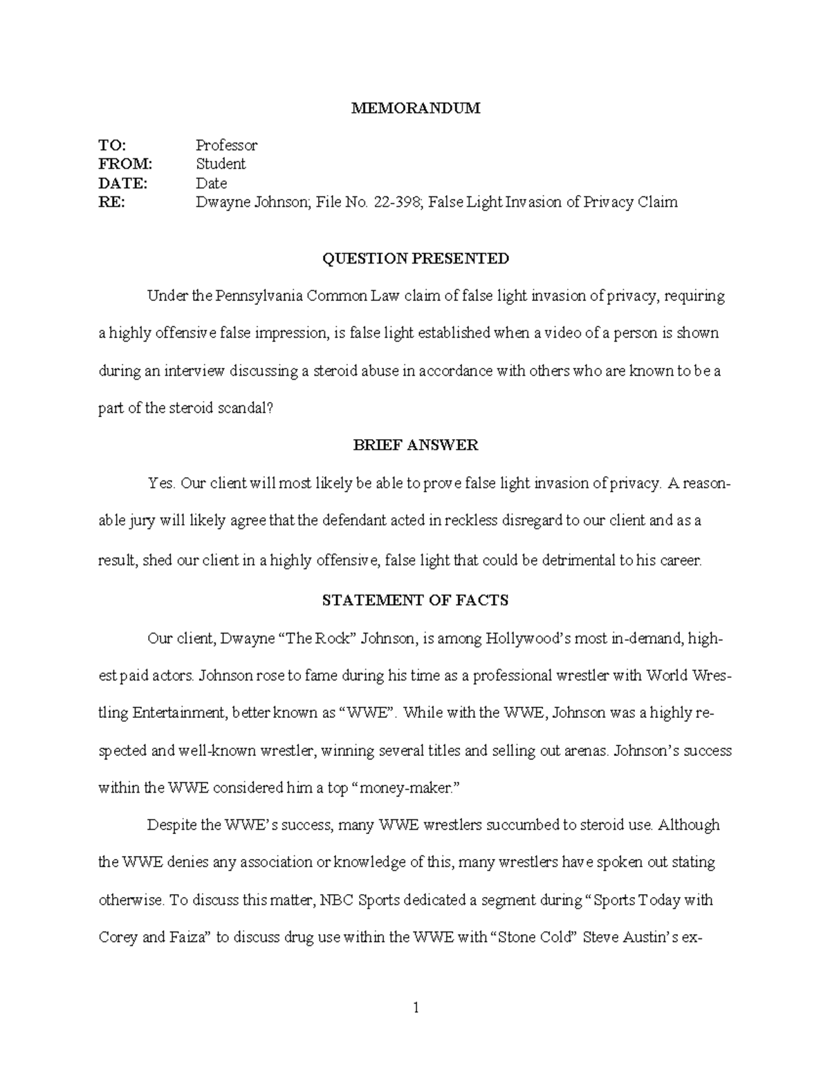 Closed Memo on False Light Invasion of Privacy - Legal Methods I - Studocu