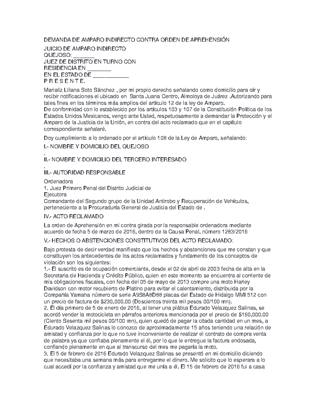 Demanda de Amparo Indirecto Contra Orden de Aprehensión en Juicio - Studocu