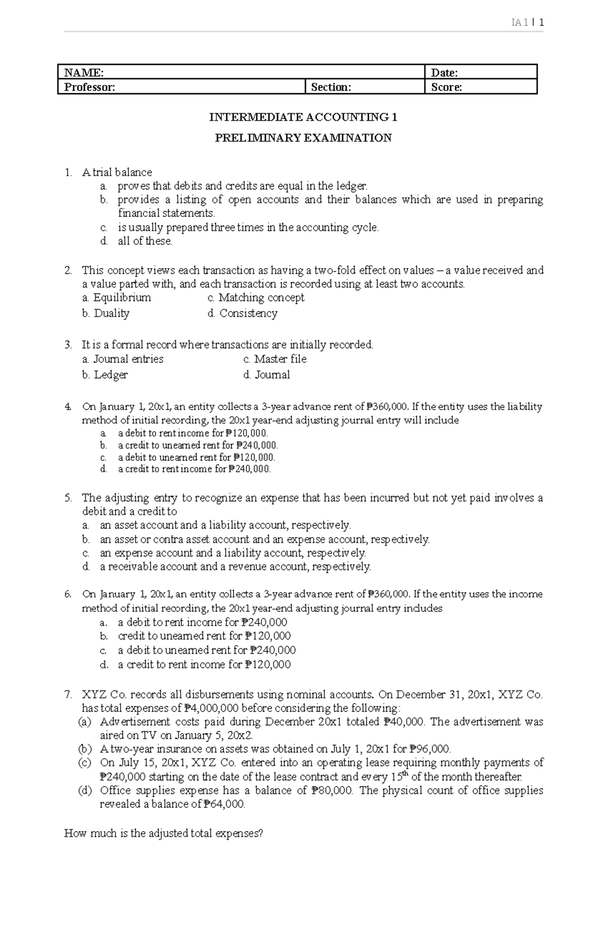 Prelim Exam IA 1: Intermediate Accounting 1 Overview & Key Concepts ...