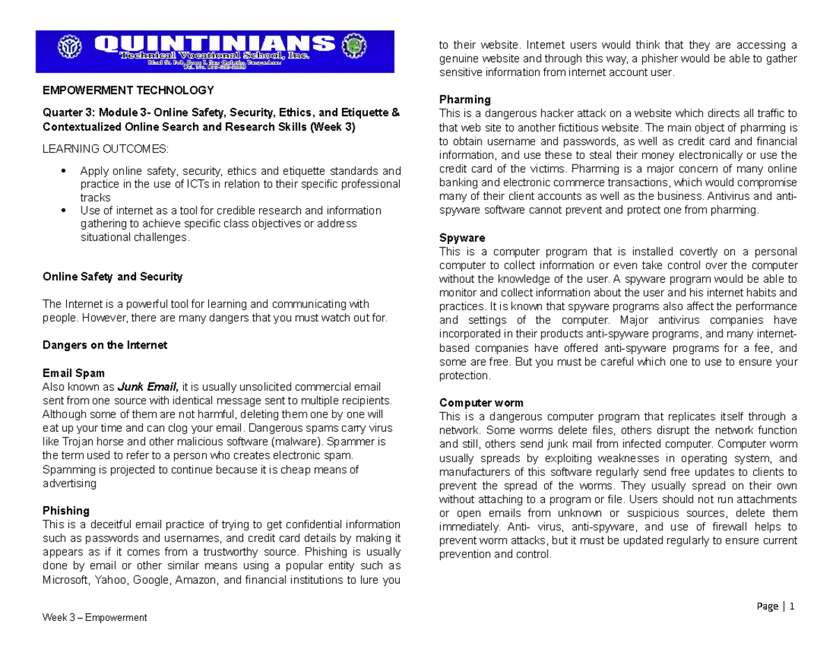 Empowerment Tech Q3 Module 3: Online Safety & Research Skills - Studocu