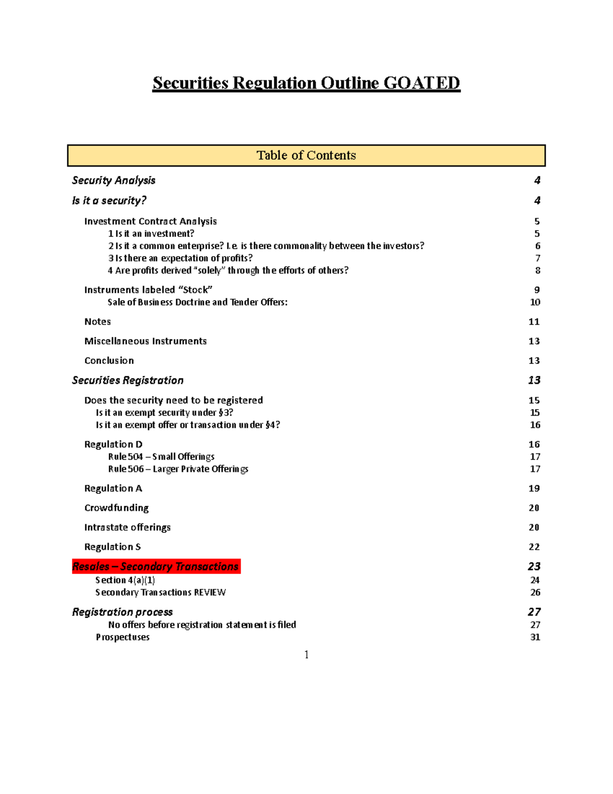 Securities Regulation Outline: Comprehensive Analysis and Key Concepts ...