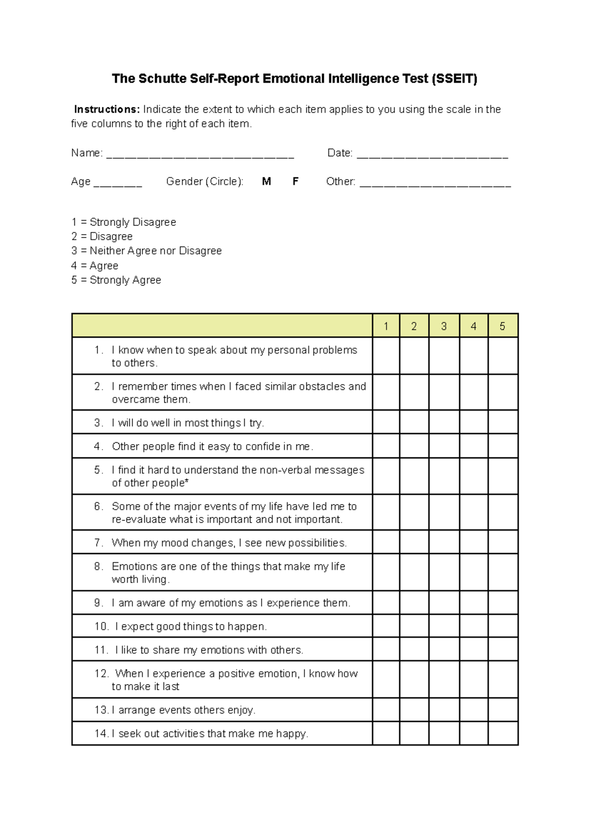 Sseit - PSS - A questionnaire. - The Schutte Self-Report Emotional ...