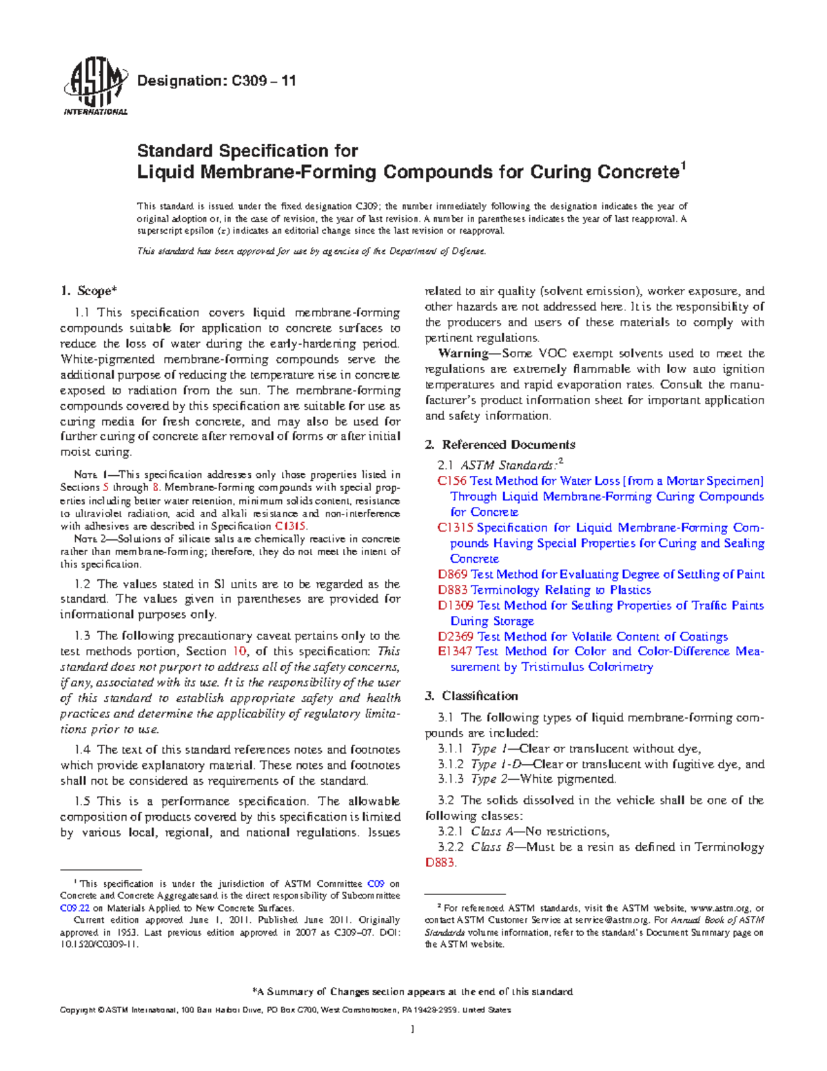 ASTM C309-11 Standard Specification for Liquid Curing Compounds - Studocu