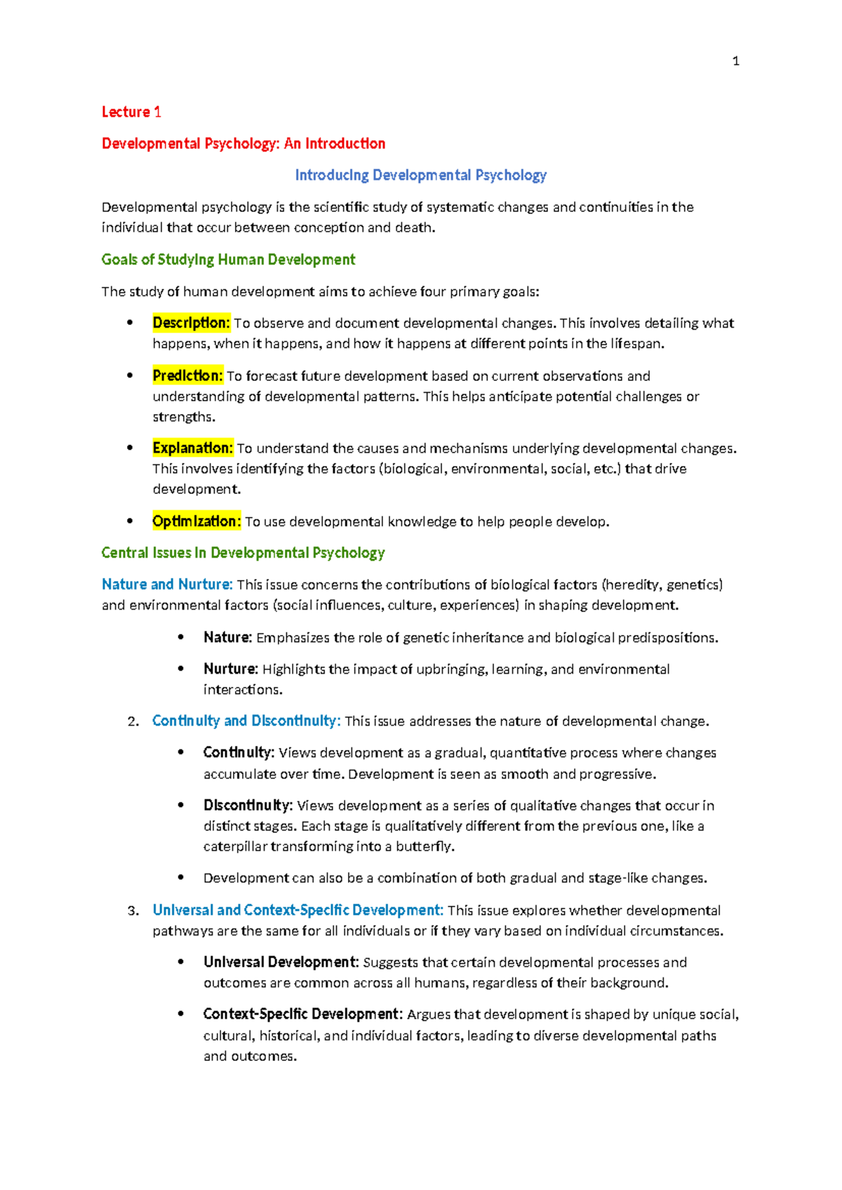 PSY2013 F Final Exam Notes: Developmental Psychology Lectures 1-4 - Studocu