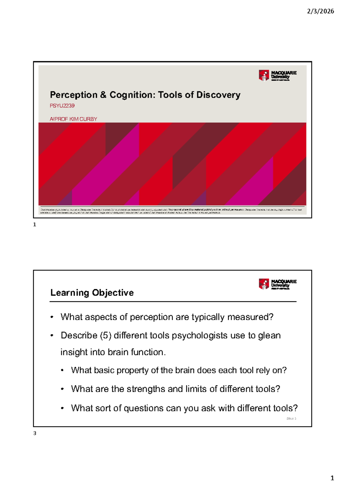 Perception and Cognition Tools: PSYU2239 Week 2 Lecture Notes - Studocu