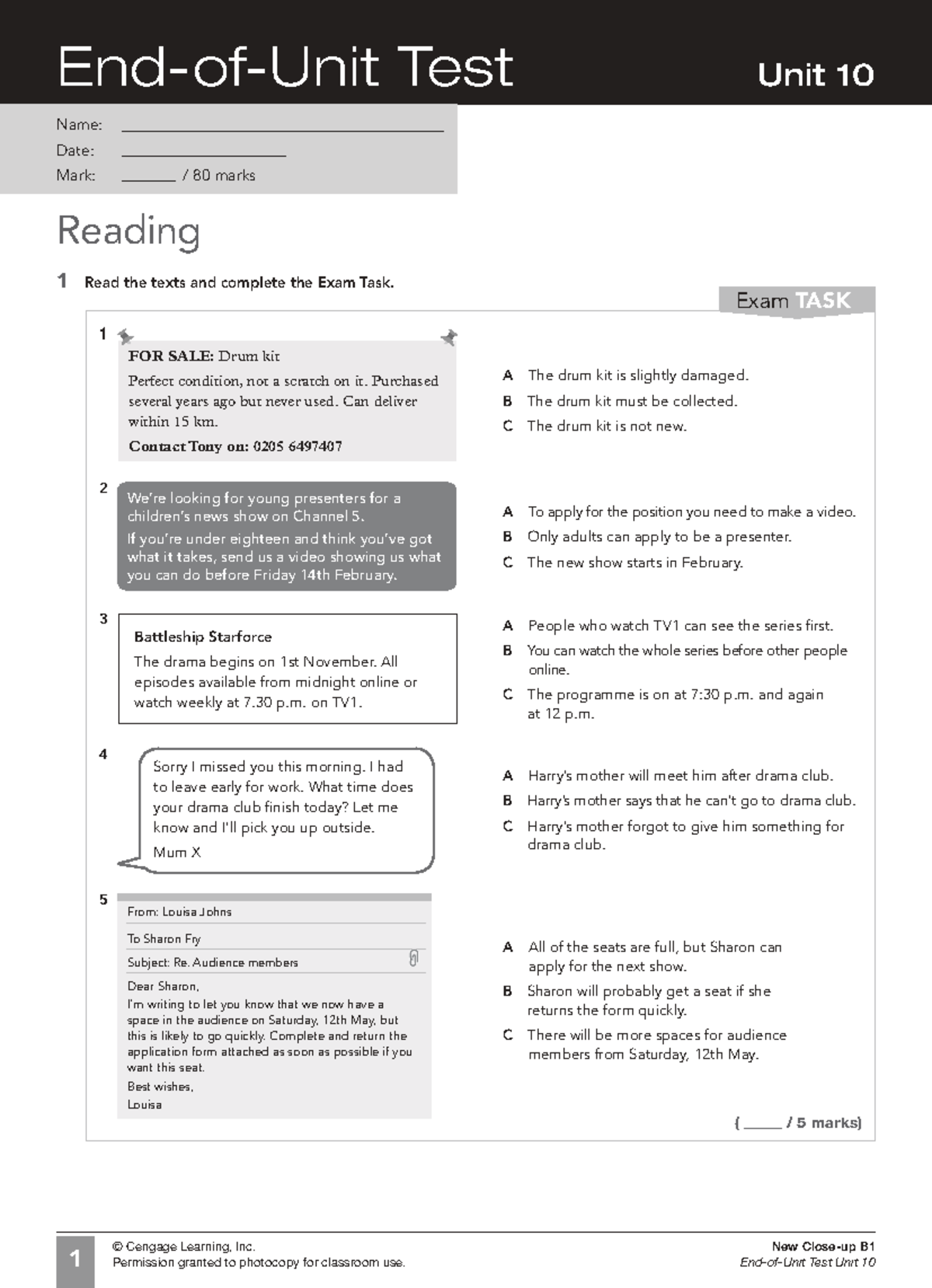 B1 End-of-Unit Test: Unit 10 Exam Preparation Guide - Studocu