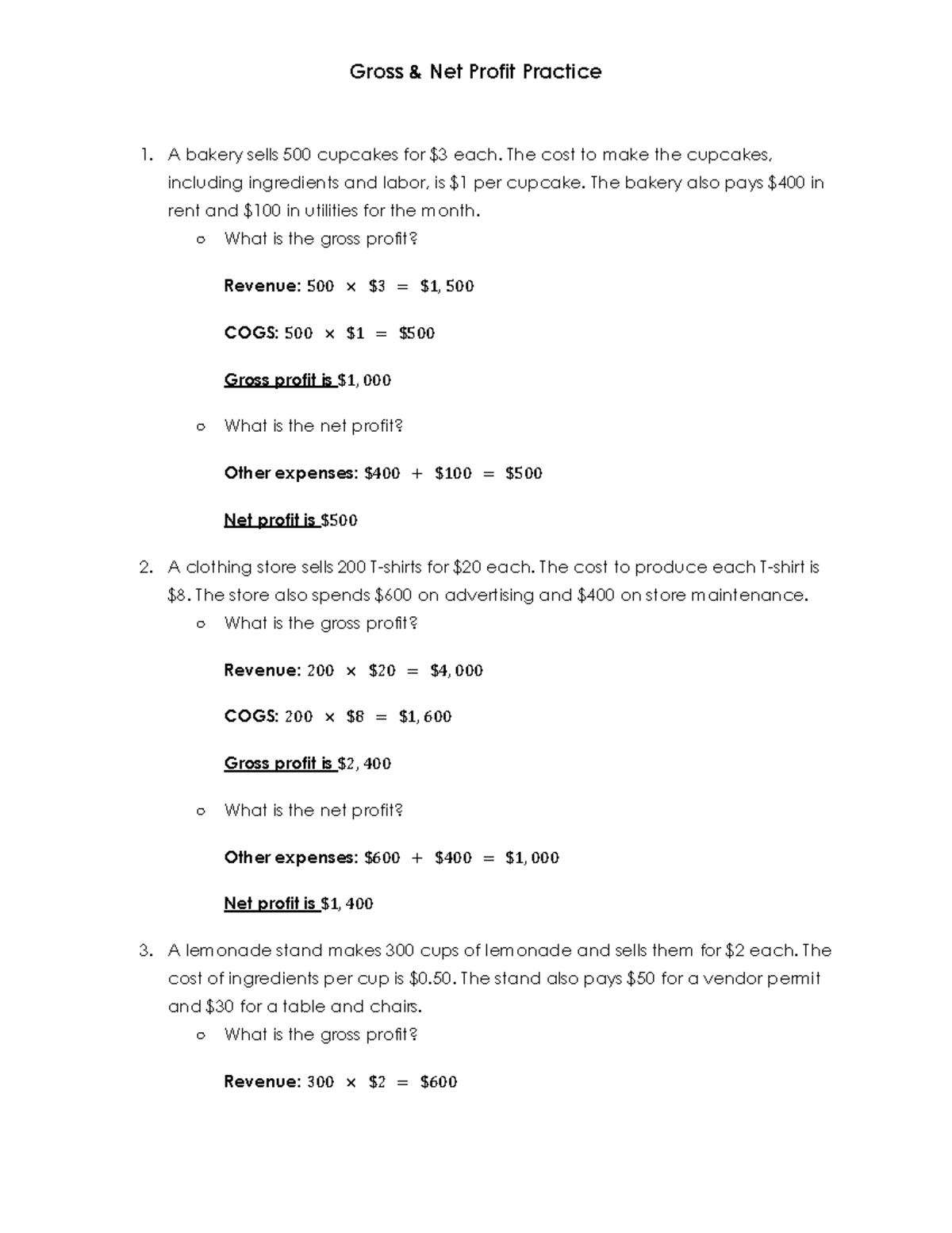 Gross & Net Profit Practice: Bakery, Clothing, Lemonade, Bookstore ...