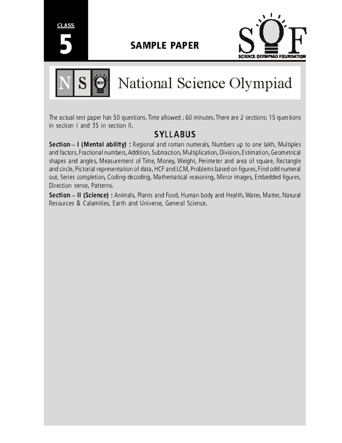 Class 5 National Science Olympiad Sample Paper & Answers - Studocu