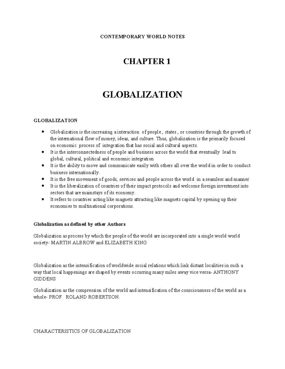 Contemporary World Notes: Chapter 1 - Understanding Globalization - Studocu