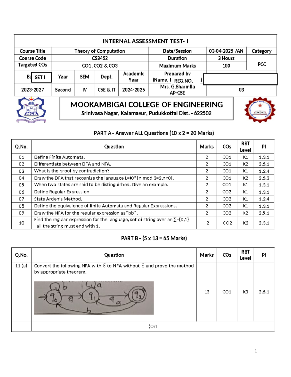 CS3452 Theory of Computation Internal Assessment I - SET 1 - Studocu